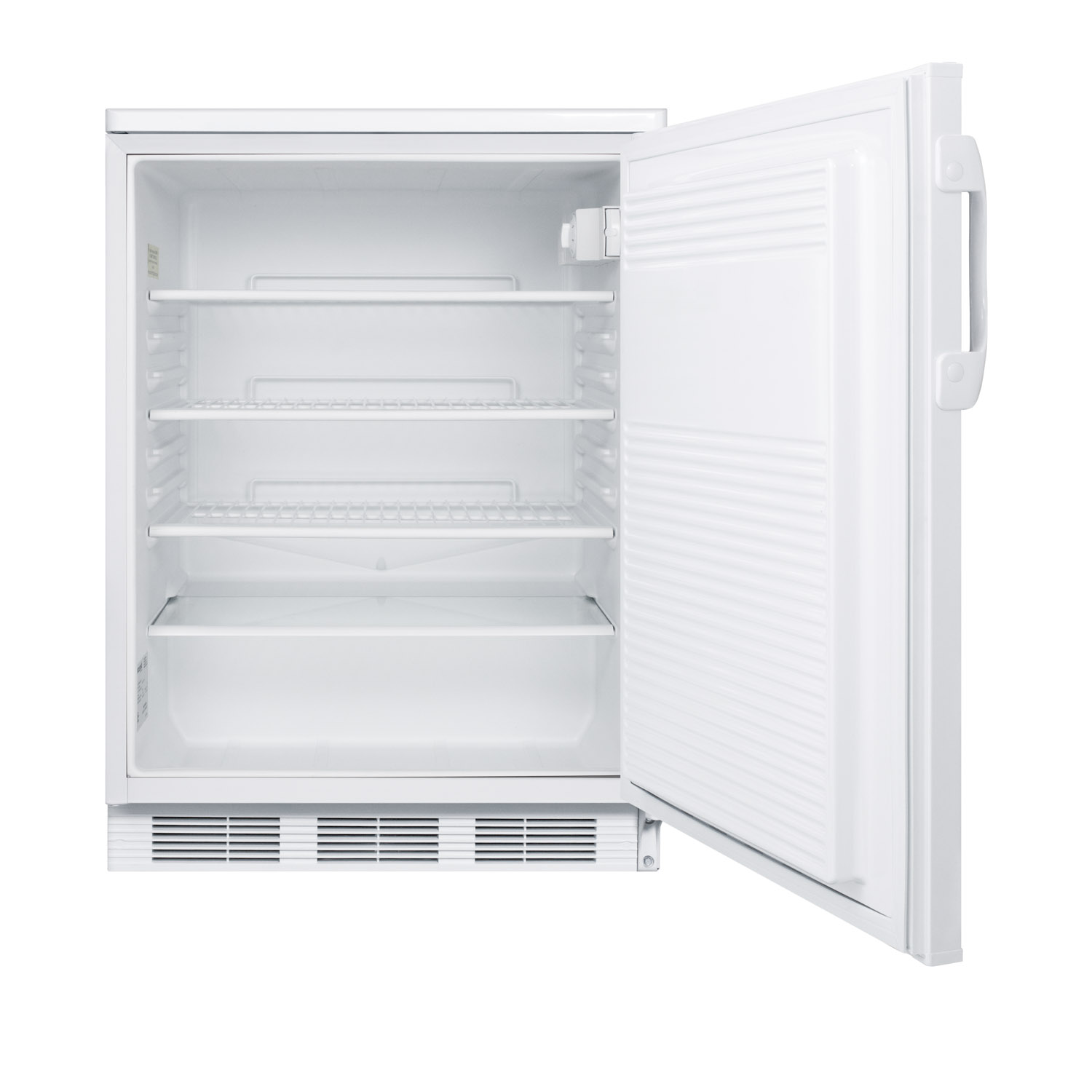 Commercially listed freestanding all-refrigerator for general purpose use, with front lock, automatic defrost operation and white exterior